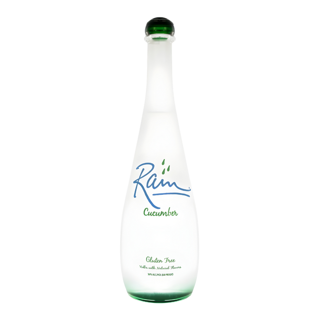 Rain Cucumber Vodka 750ml vodka bottle with frosted clear glass and green base tint, rounded green glass cap, and minimalist white label with blue and green lettering against a clean white background