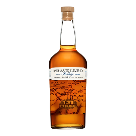 Traveller Blend No. 40 Full Proof Whiskey 750ml whiskey bottle with rich amber glass, natural cork stopper, and cream label with map illustration and bold gold 121 proof emblem against a clean white background