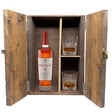 The Macallan 18 Year Sherry Oak in a fitted wooden gift box with two crystal old-fashioned glasses, studio white