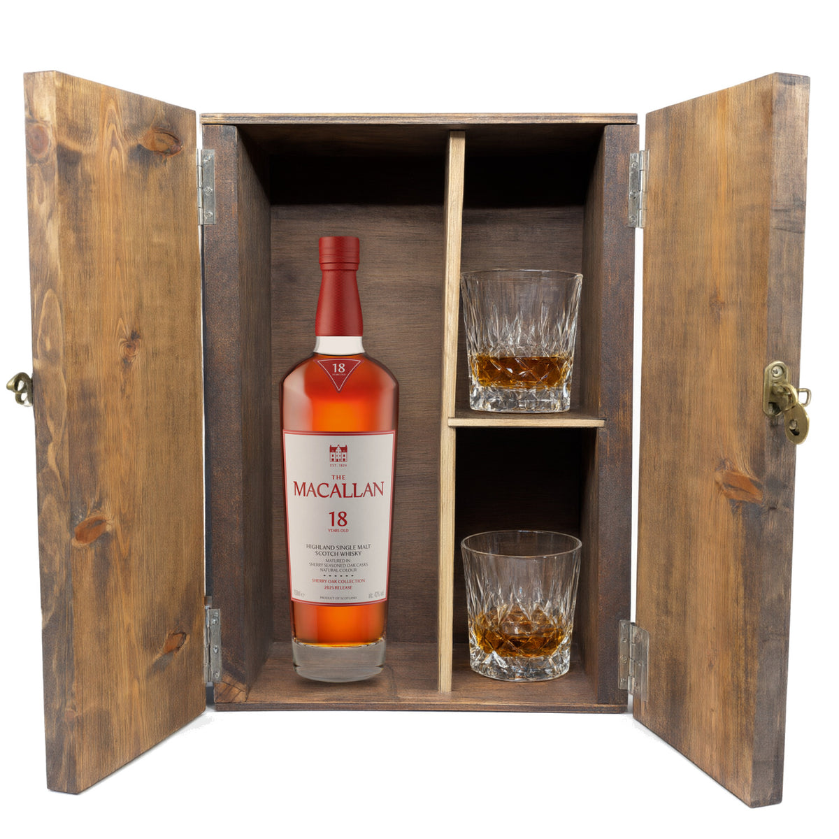 The Macallan 18 Year Sherry Oak in a fitted wooden gift box with two crystal old-fashioned glasses, studio white