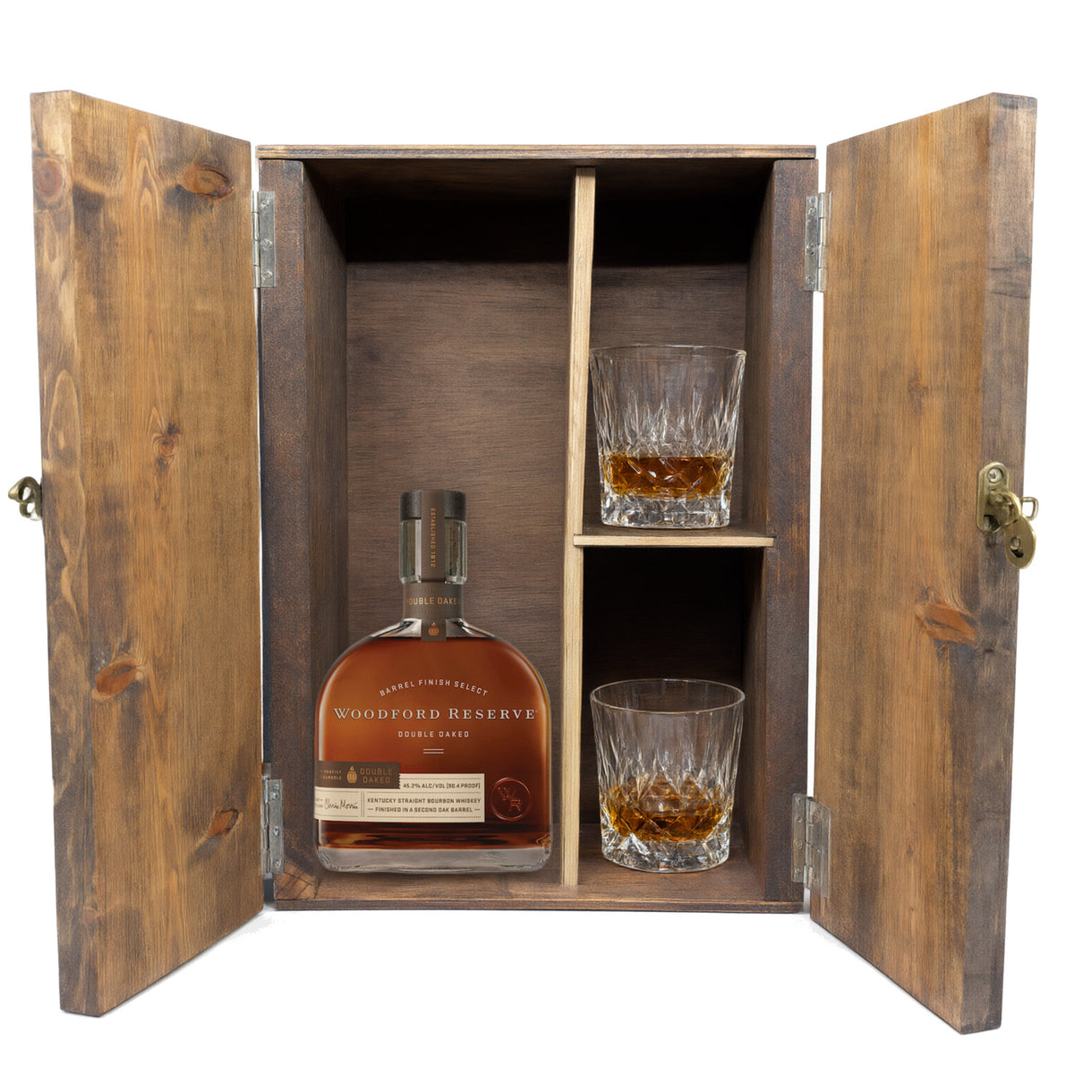 Woodford Reserve Double Oaked in a wooden gift box with two crystal glasses on white