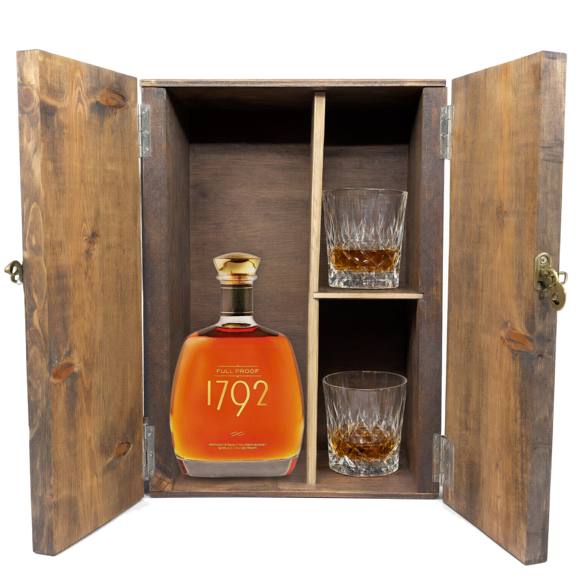 1792 Full Proof in a fitted wooden gift box with two crystal old-fashioned glasses, studio white