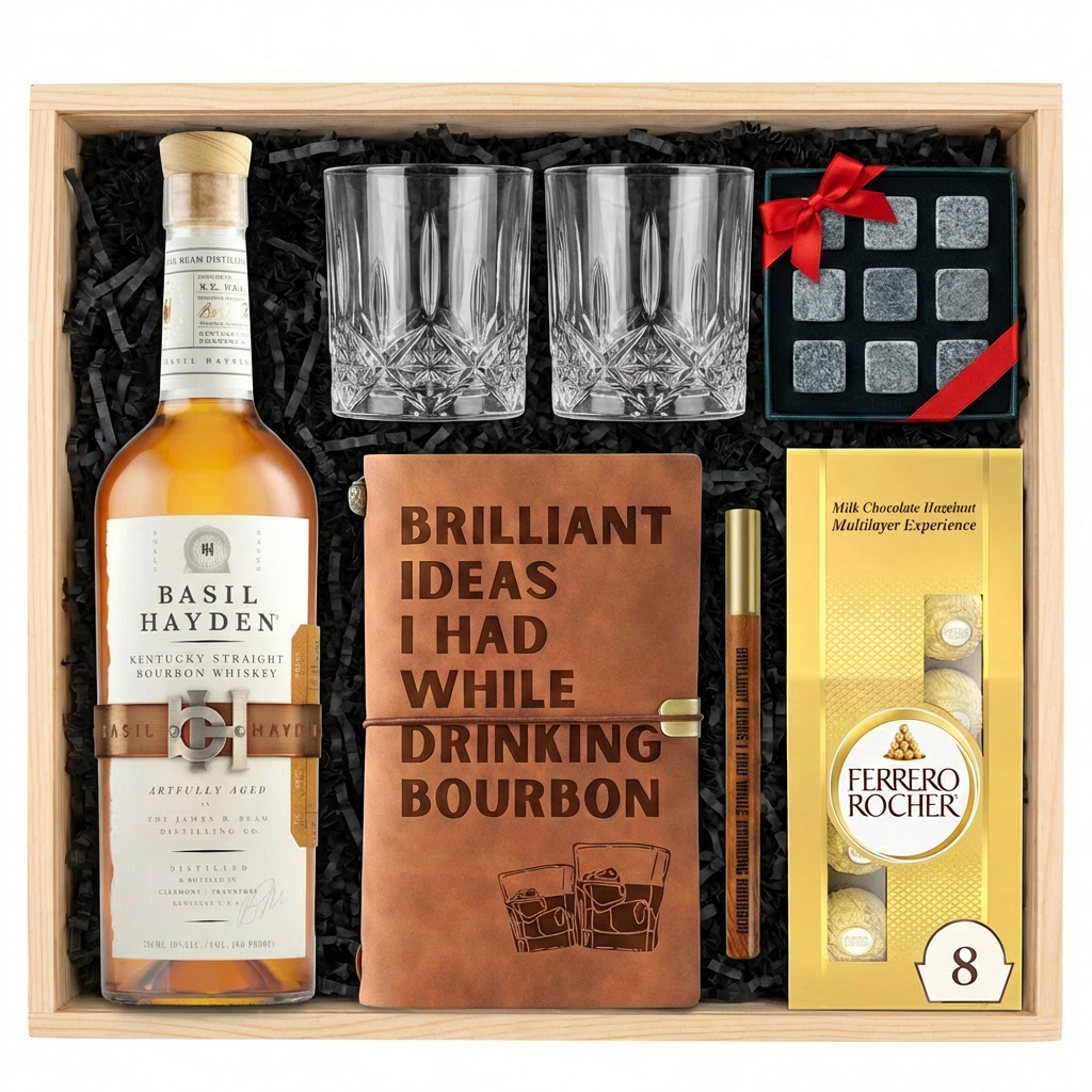 Basil Hayden's Kentucky Straight Bourbon Whiskey gift crate top-down view featuring 750ml bottle with cream label and copper belt strap, two old-fashioned crystal-cut whiskey glasses, Royal Reserve Whiskey Stones set, Brilliant Ideas leather bourbon journal with wooden pen, and Ferrero Rocher 8-piece gold bag in wooden crate with black crinkle paper on white background.