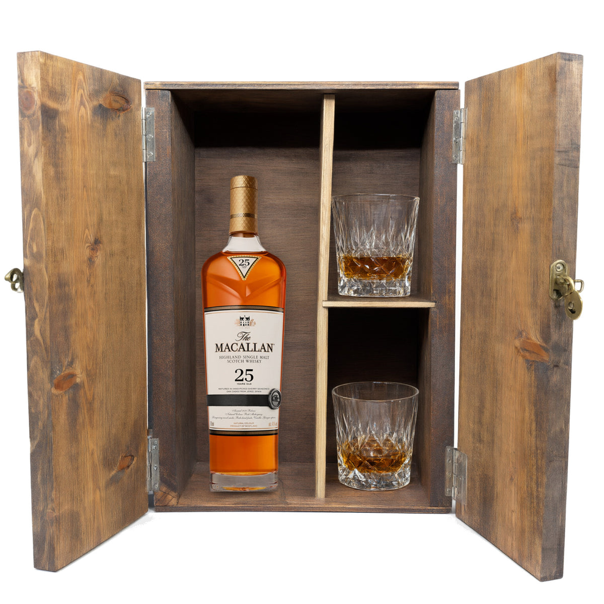 The Macallan 25 Year in a fitted wooden gift box with two crystal old-fashioned glasses, studio white