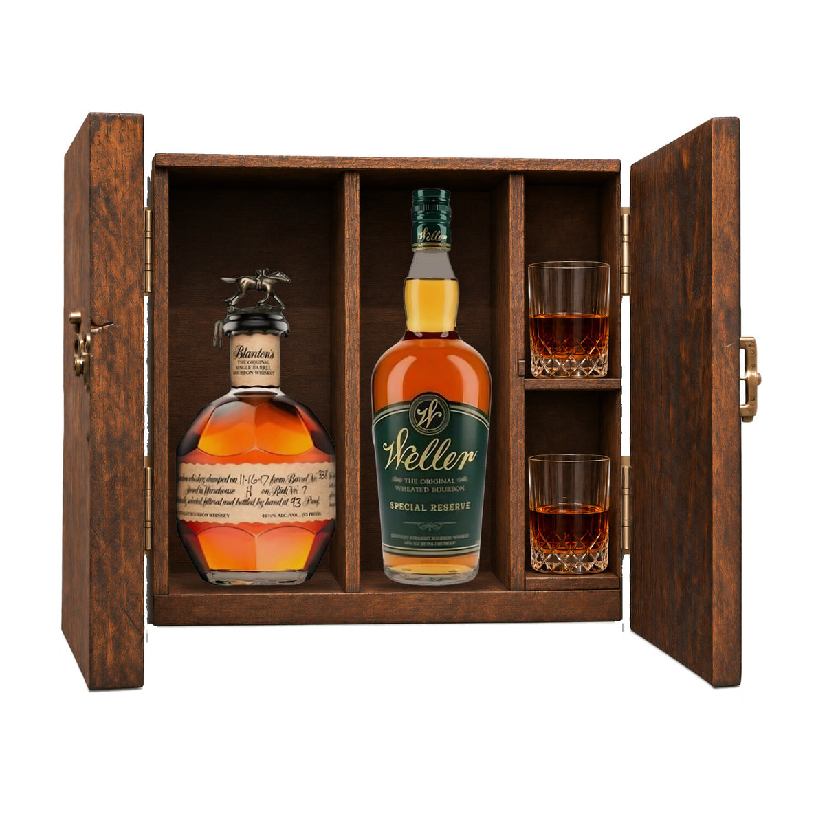 Blanton's Original Single Barrel & W.L. Weller Special Reserve Gift Set with Wooden Box & 2 Crystal Glasses – 2 x 750ml