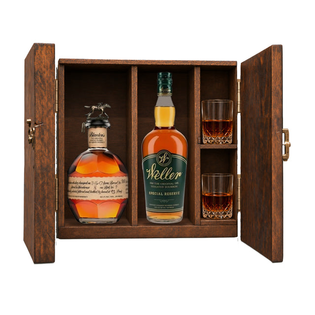Blanton's Original Single Barrel & W.L. Weller Special Reserve Gift Set with Wooden Box & 2 Crystal Glasses – 2 x 750ml