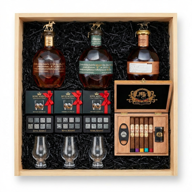 Blanton's Executive Crate with Gold Edition, Special Reserve, and Straight From The Barrel 700ml bottles, My Father 5 cigar toro sampler with cutter and lighter, three Glencairn glasses, and three Royal Reserve whiskey stones sets in large natural wood display crate