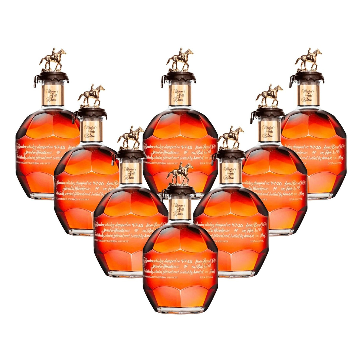 Blanton's Gold Edition Single Barrel Bourbon complete 8-bottle collector's set with B-L-A-N-T-O-N-S gold horse and jockey stoppers, 750ml bottles