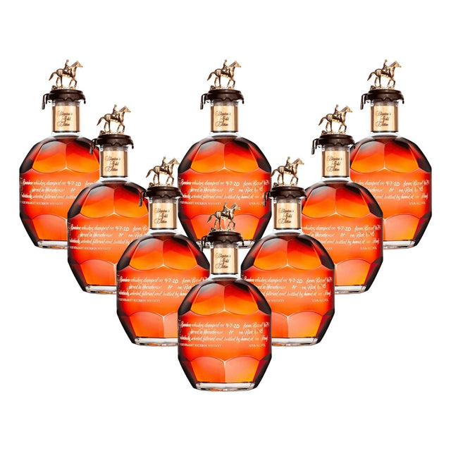 Blanton's Gold Edition Single Barrel Bourbon complete 8-bottle collector's set with B-L-A-N-T-O-N-S gold horse and jockey stoppers, 750ml bottles