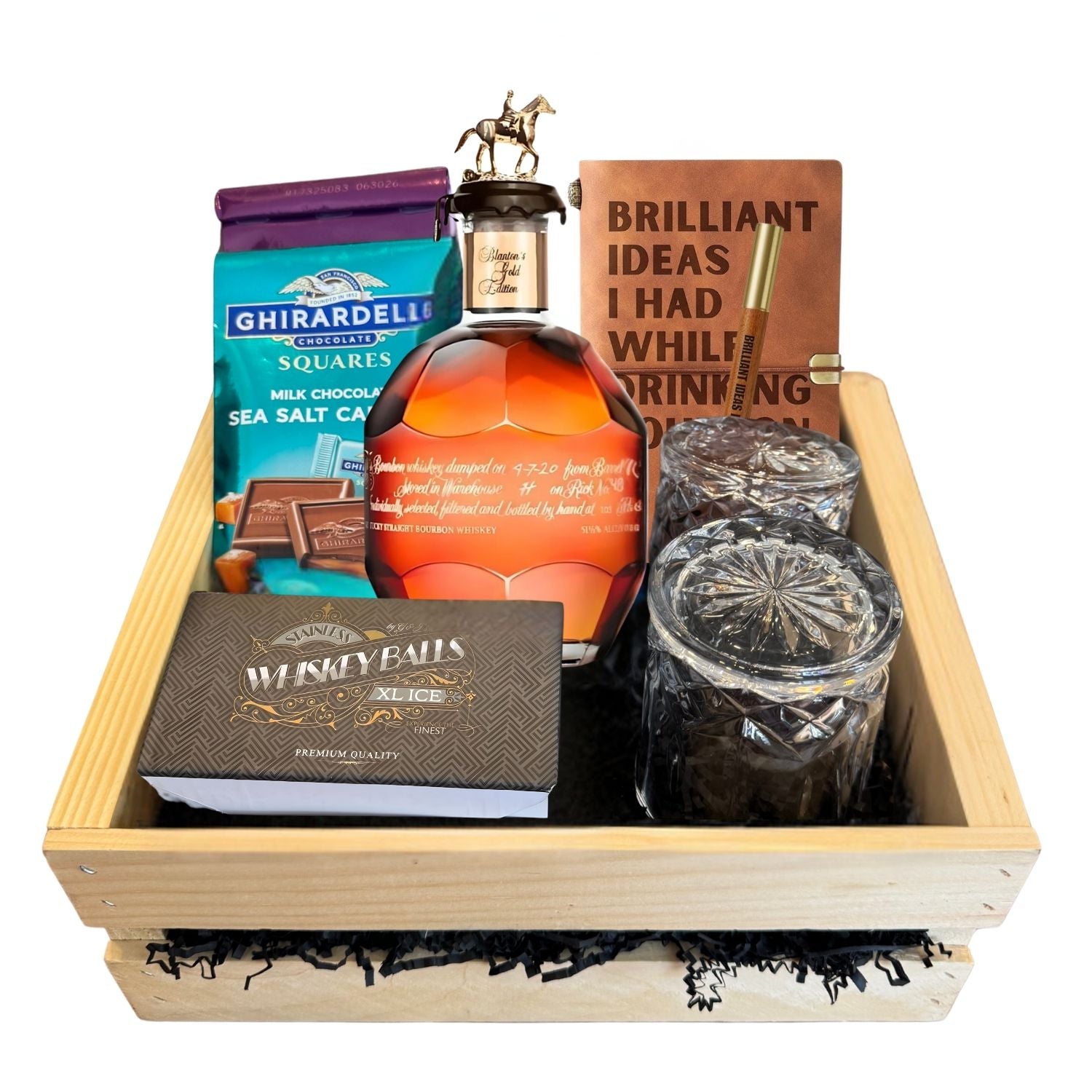 Blanton’s Gold Edition Single Barrel Bourbon Gift Crate on white background – includes bourbon, glasses, chocolate, and journal – exclusive bourbon gift from Rare Bourbon Shop