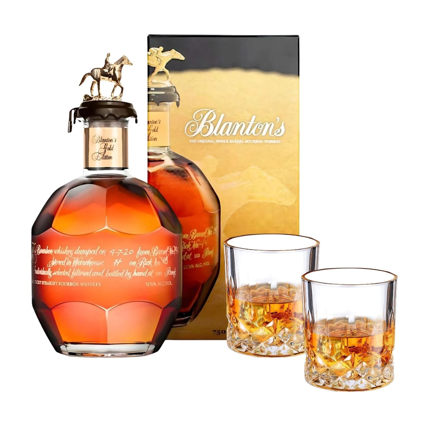 Blanton’s Gold Edition Single Barrel Bourbon Gift Set on white background – includes rare bourbon bottle and two crystal glasses – limited release at Rare Bourbon Shop