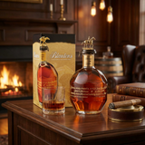 Blanton's Gold Edition Single Barrel Kentucky Straight Bourbon Whiskey lifestyle scene featuring distinctive faceted bottle with gold horse and jockey stopper and gold presentation gift box displayed with crystal bourbon glass on rich dark wood surface in luxurious bourbon den setting with warm ambient lighting.