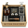 Blanton's Gold U.S. Release Bourbon Date Night "Better Together" Gift Crate featuring engraved decanter, two crystal-cut old-fashioned glasses, stainless-steel whiskey balls with freezer tray, and Turin liquor-filled chocolates in an engraved wooden crate