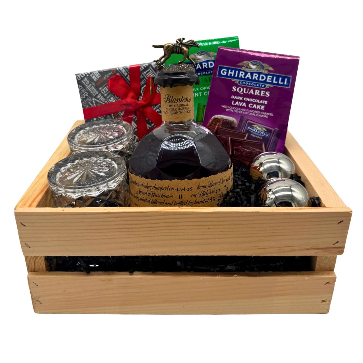Blanton’s Original Single Barrel Engravable Wooden Gift Crate – Bourbon, Old-Fashioned Glasses &amp; Whiskey Stones