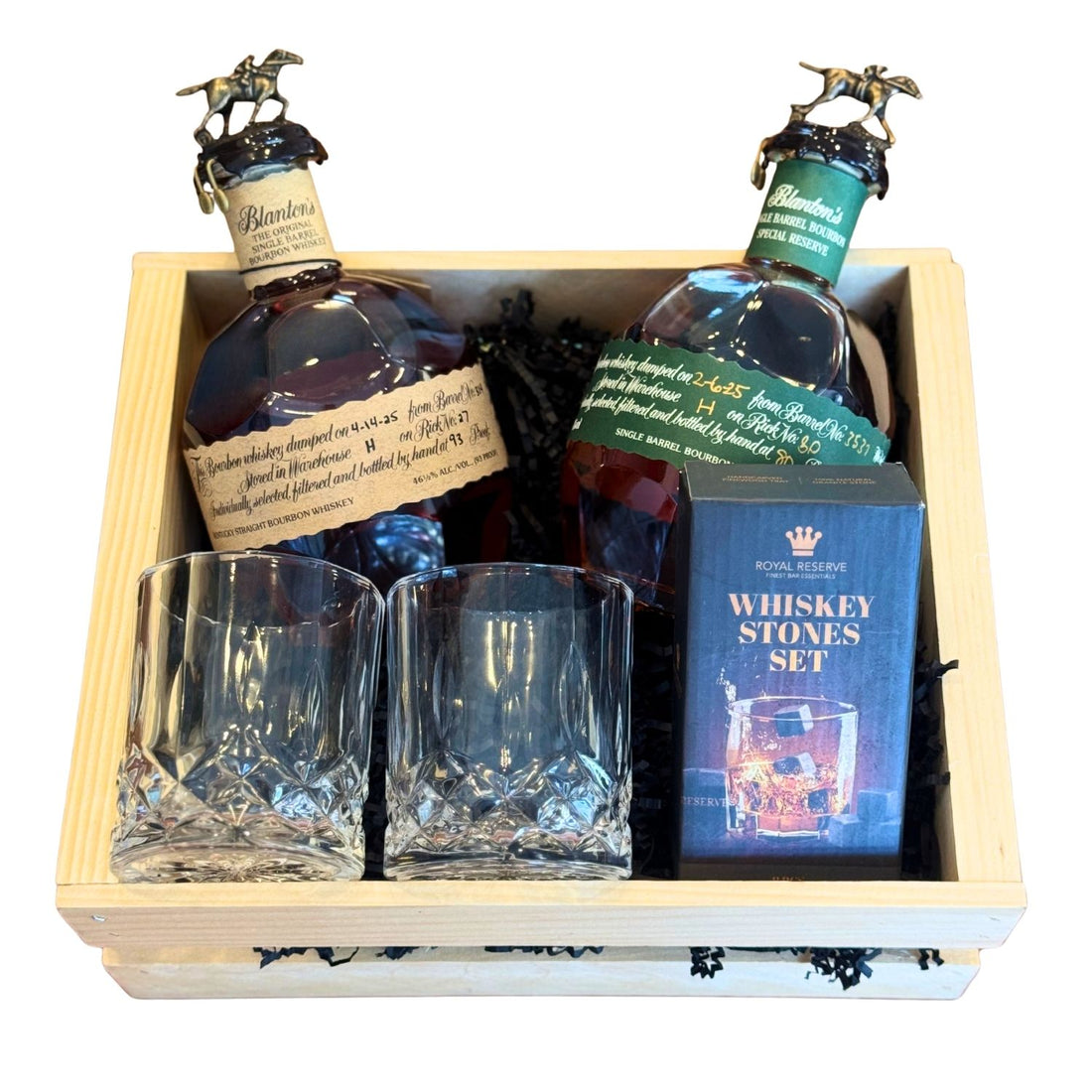 Blanton’s Original and Special Reserve Bourbon Gift Crate with old-fashioned crystal cut glasses and whiskey stones – collector’s edition from Rare Bourbon Shop