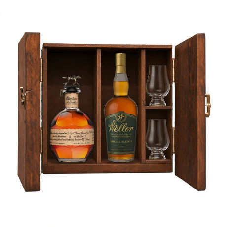 Blanton's Original Single Barrel and W.L. Weller Special Reserve 750ml bottles in a wooden gift box with 2 Glencairn glasses