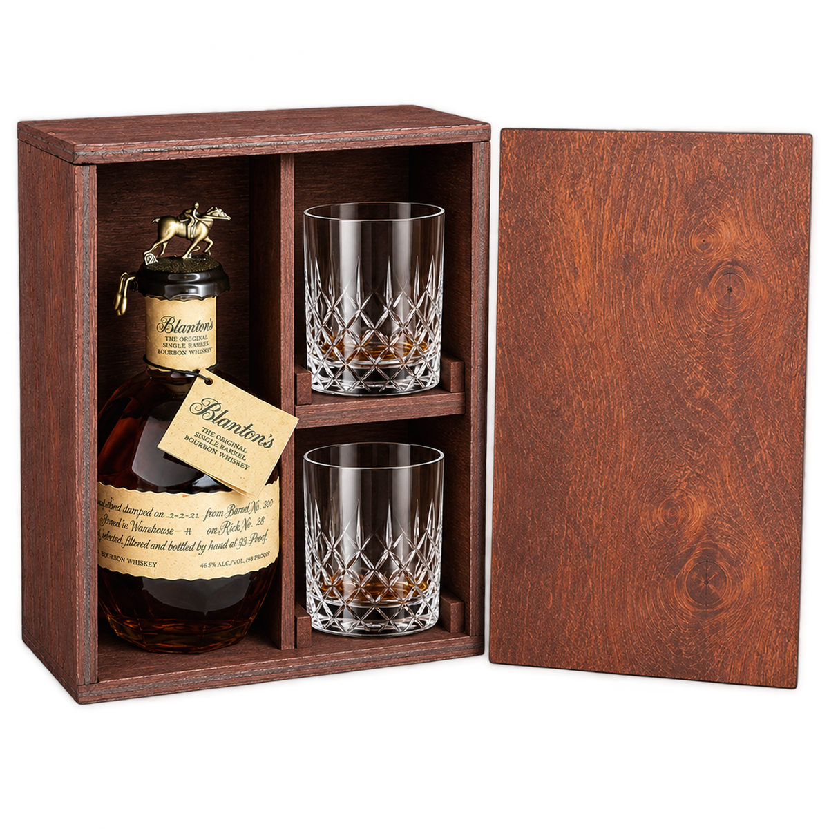 Blanton's Original Single Barrel Bourbon 750ml in a wooden gift case with two included old-fashioned glasses