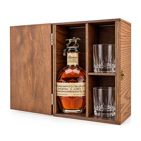Blanton's Single Barrel 750ml Gift Set with Wooden Case & 2 Glasses – wooden gift box with 2 crystal glasses