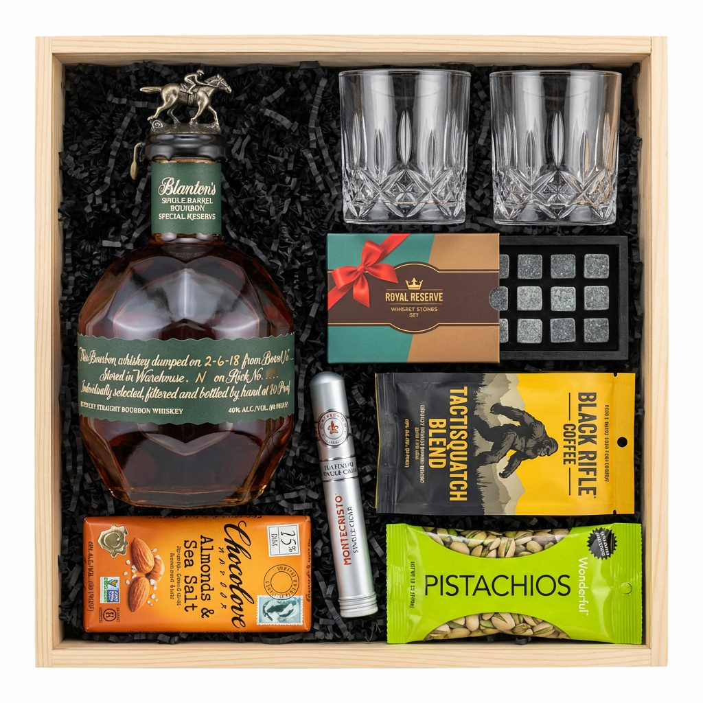 Blanton's Special Reserve Green Label Single Barrel Bourbon 700ml gift crate with bronze horse stopper and green label with white text, crystal-cut old fashioned glasses, Royal Reserve whiskey stones set with tray, Montecristo Platinum cigar tube, Black Rifle Coffee Tactisquatch blend, Chocolove Almonds & Sea Salt dark chocolate bar, and Wonderful Pistachios in black crinkle paper on white background