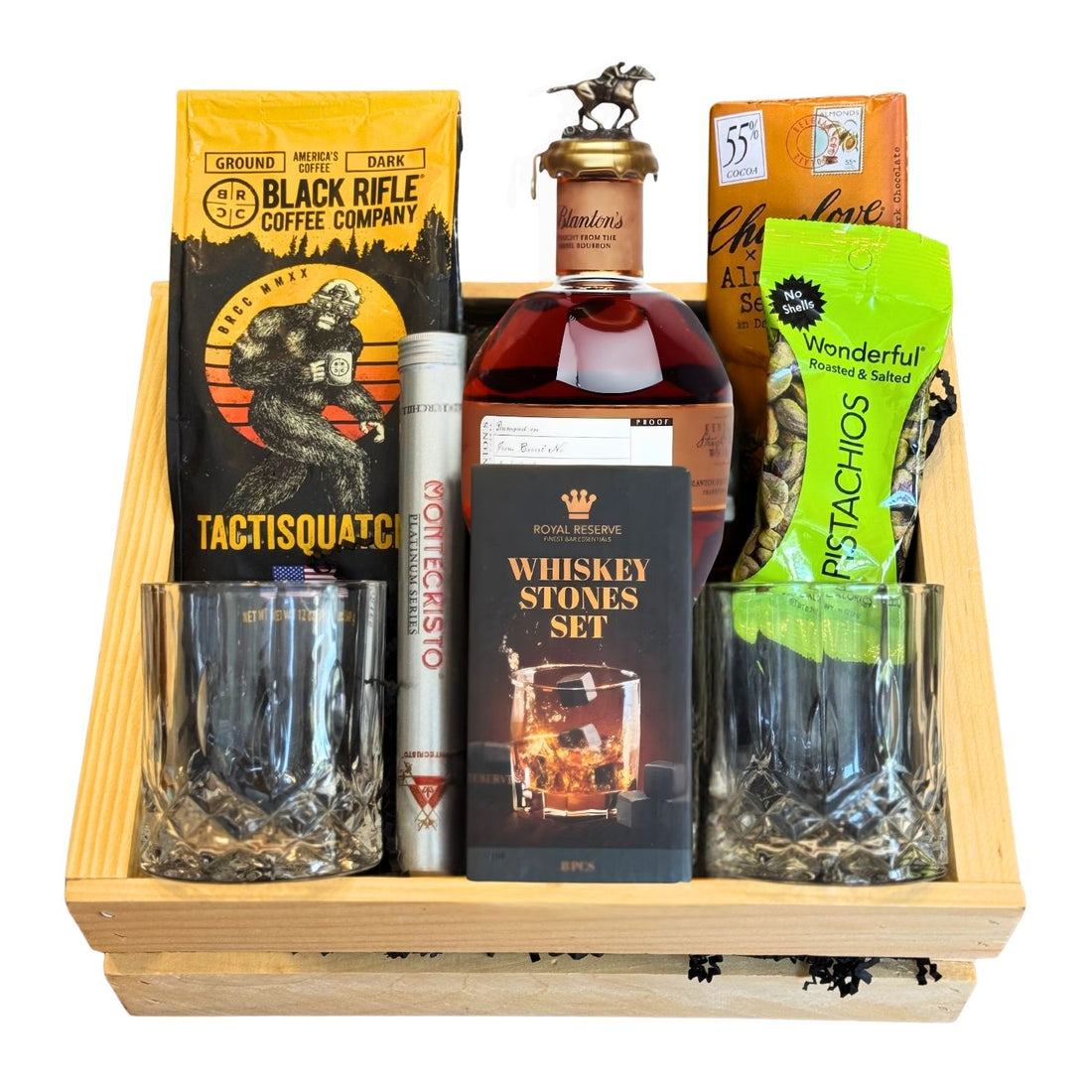Blanton’s Straight From the Barrel Bourbon Gift Crate with coffee, chocolate, pistachios, cigar, whiskey stones, and glasses – collector’s edition from Rare Bourbon Shop