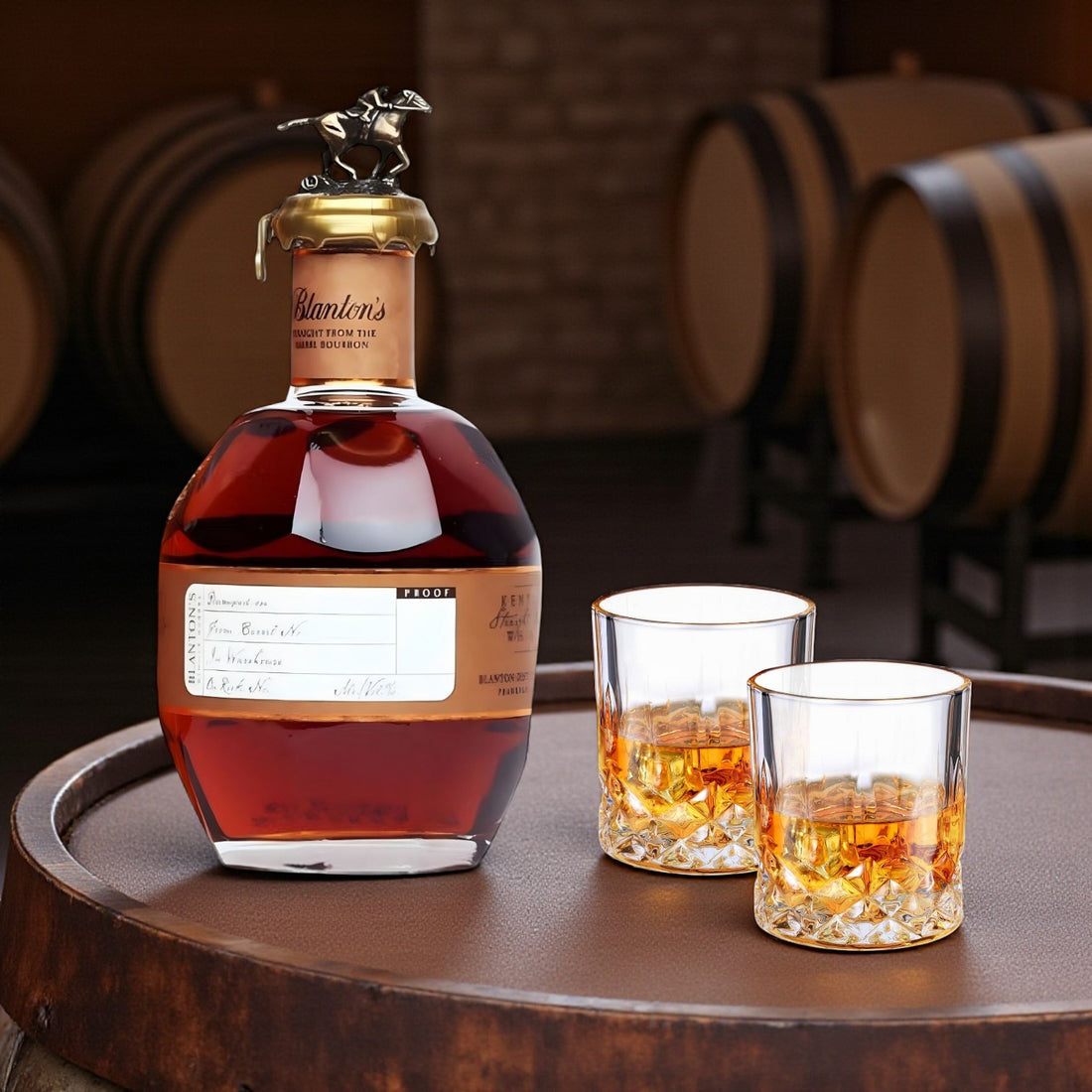 Collector’s Blanton’s Straight From the Barrel Bourbon 700ml with two old-fashioned glasses on round bourbon barrel surrounded by casks – Rare Bourbon Shop lifestyle photo