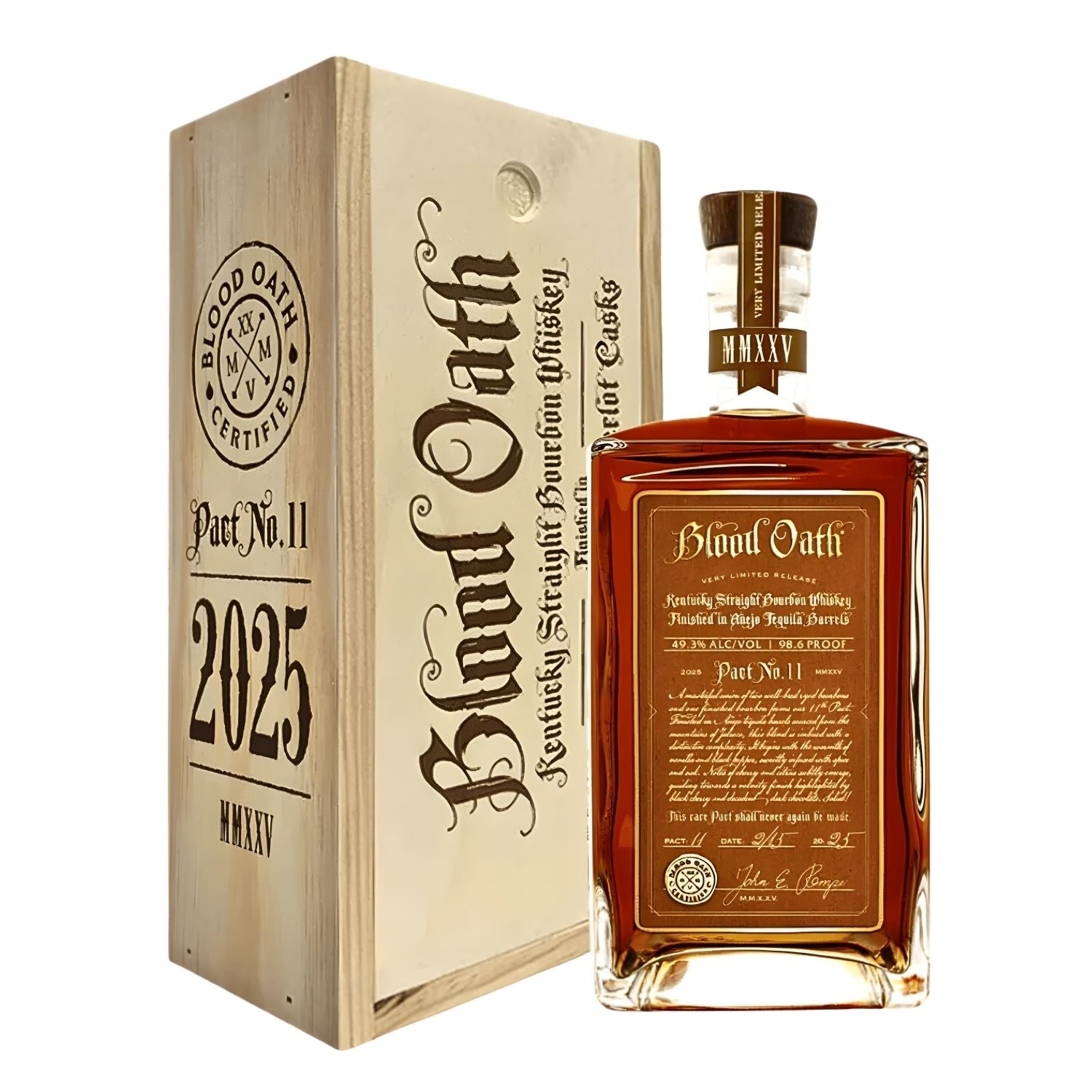 Blood Oath Pact No. 11 Kentucky Straight Bourbon Whiskey 750ml bottle with mahogany and gold label displayed in commemorative fire-branded wooden box, 2025 limited release by Lux Row Distillers