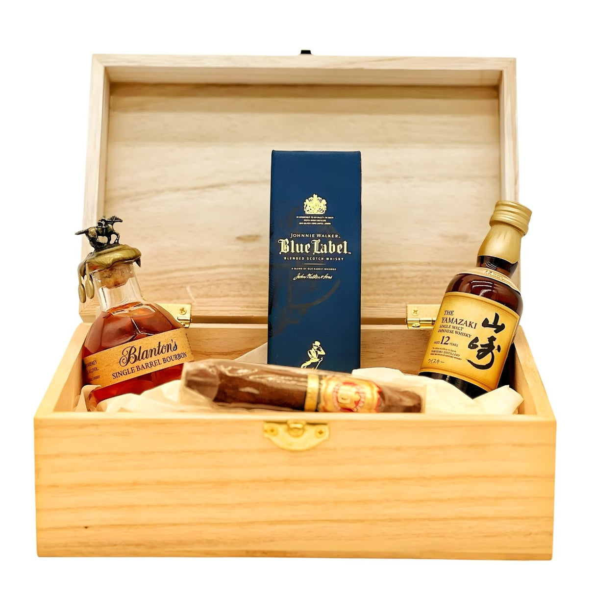 Short Story Gift Set – Blanton's, Johnnie Walker Blue, Yamazaki 12 whiskey minis with Arturo Fuente cigar in engravable wooden box