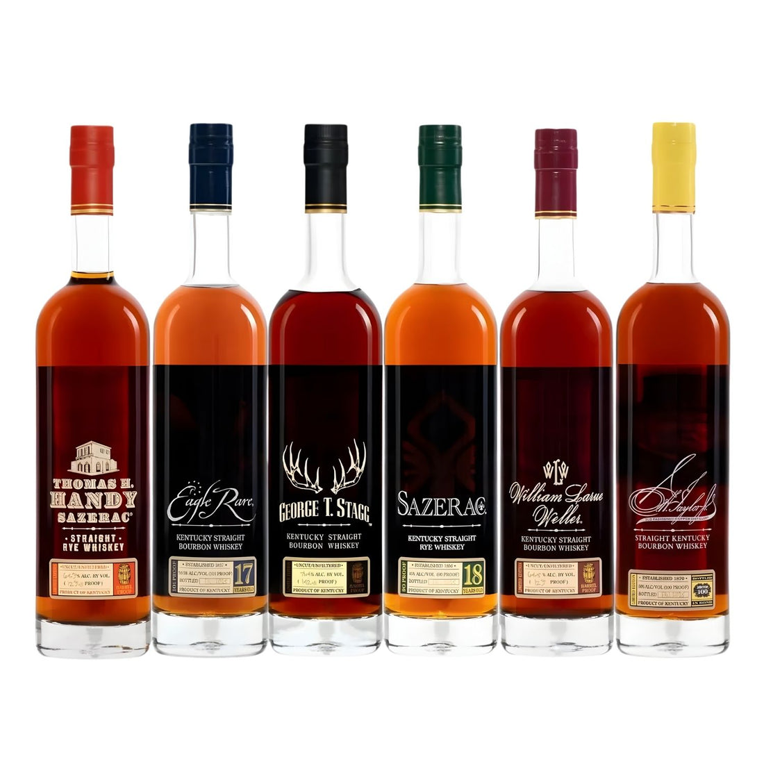 Rare Buffalo Trace Antique Collection 2025 full 6 bottle set on white background including E.H. Taylor Bottled-in-Bond 15yr, Eagle Rare 17yr, George T. Stagg 142.8 proof, William Larue Weller 14yr, Thomas H. Handy 129.8 proof rye, and Sazerac 18 year rye