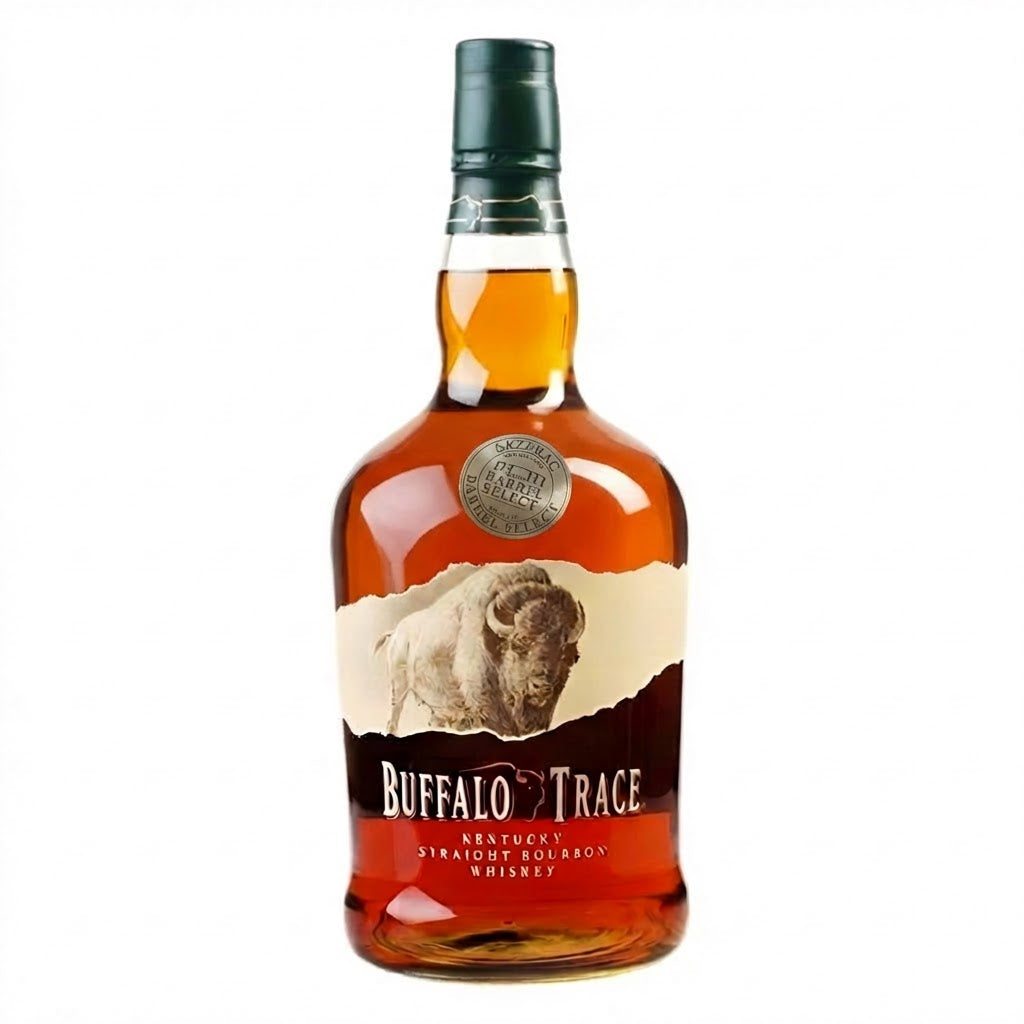 Buffalo Trace Kentucky Straight Bourbon Whiskey bottle with small Sazerac Barrel Select seal, teal cap, cream buffalo label, and clear amber bourbon on clean white background