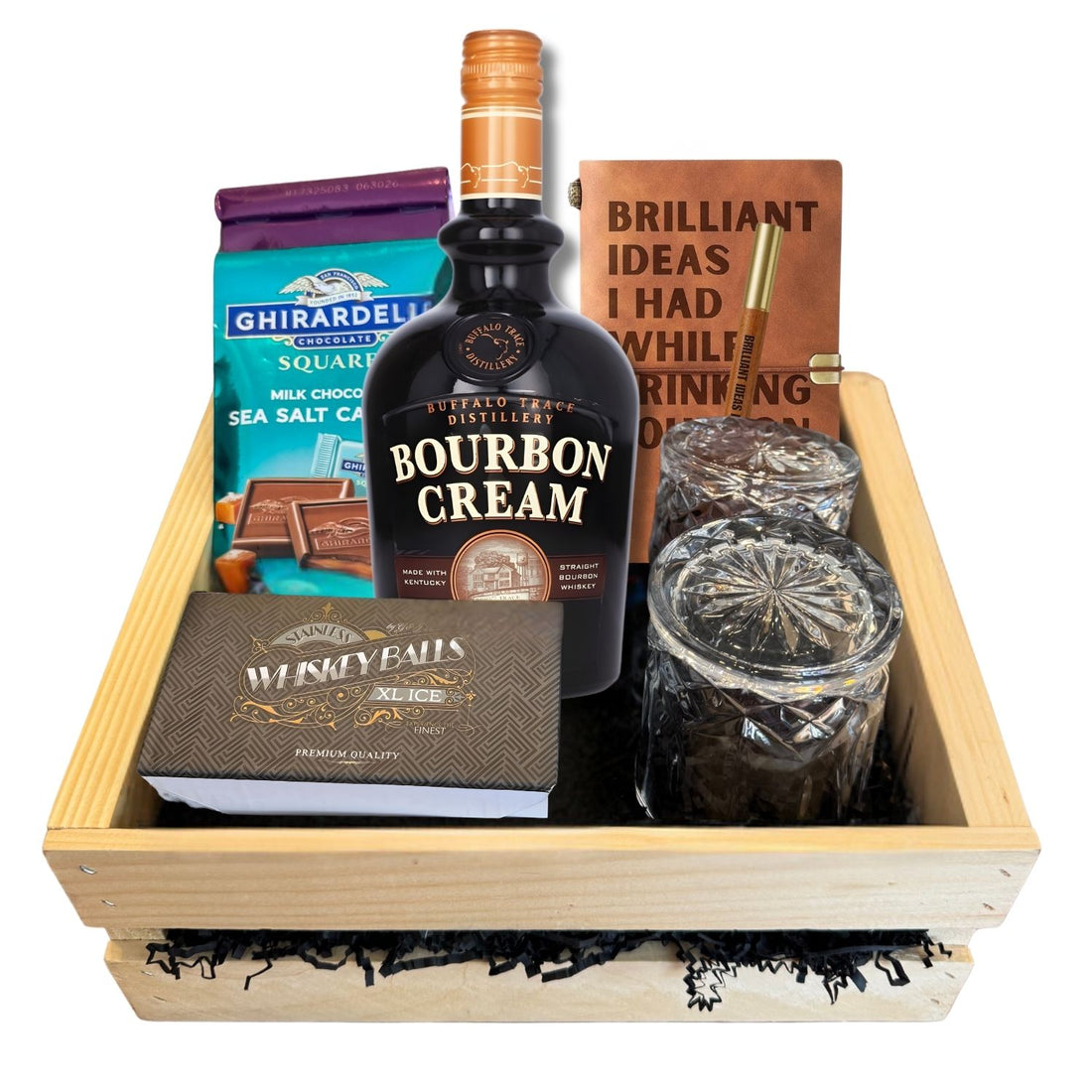 Buffalo Trace Bourbon Cream luxury gift crate with crystal glasses, chocolates, whiskey balls, and journal – Rare Bourbon Shop white background image