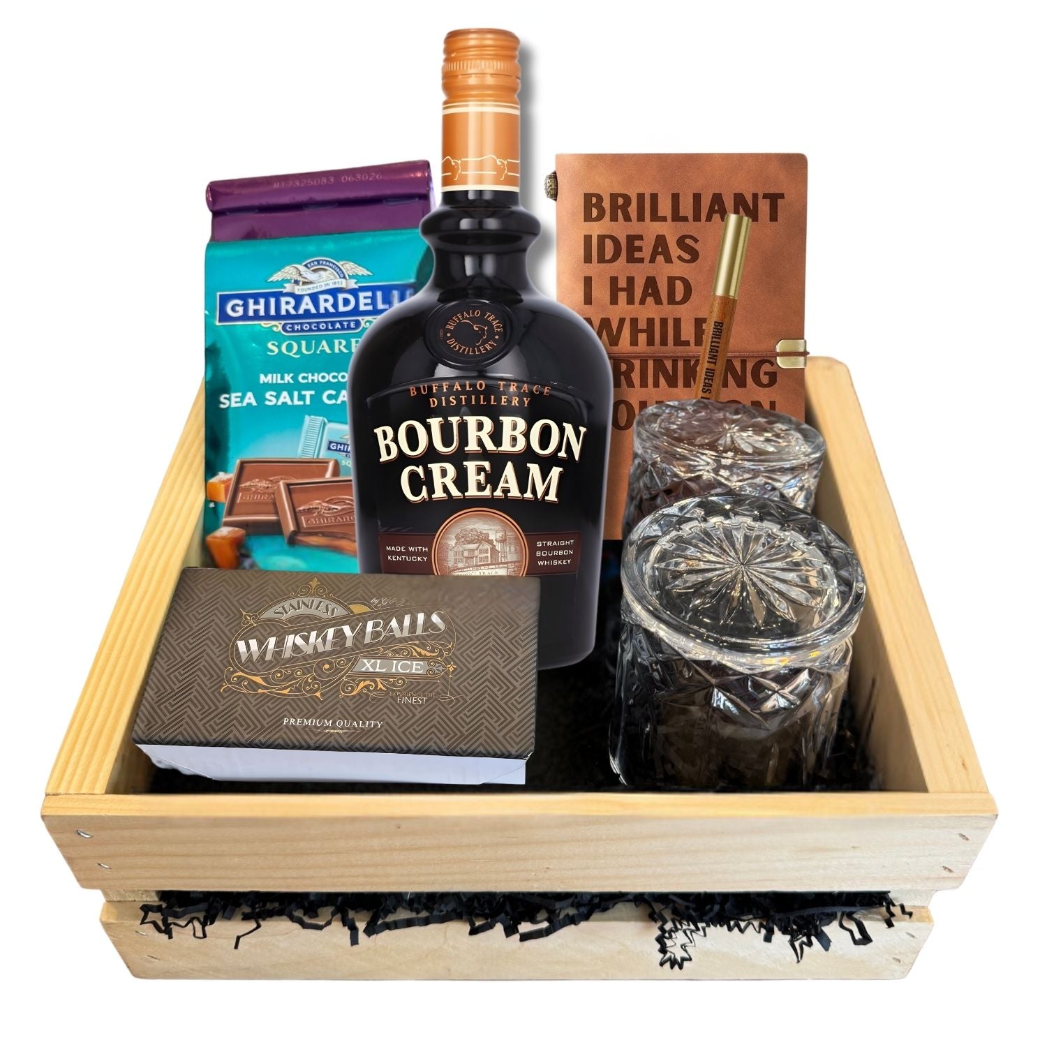Buffalo Trace Bourbon Cream luxury gift crate with crystal glasses, chocolates, whiskey balls, and journal – Rare Bourbon Shop white background image