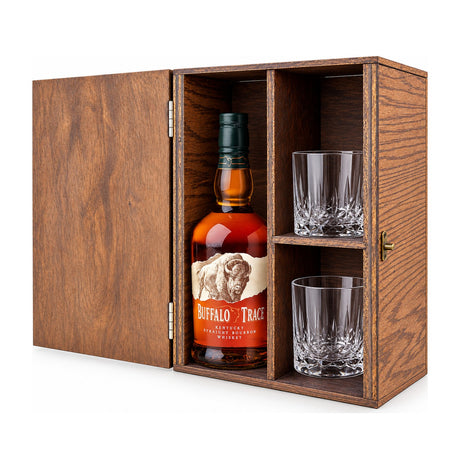 Buffalo Trace Bourbon Gift Set with Wooden Box & 2 Crystal Glasses – wooden gift box with 2 crystal glasses