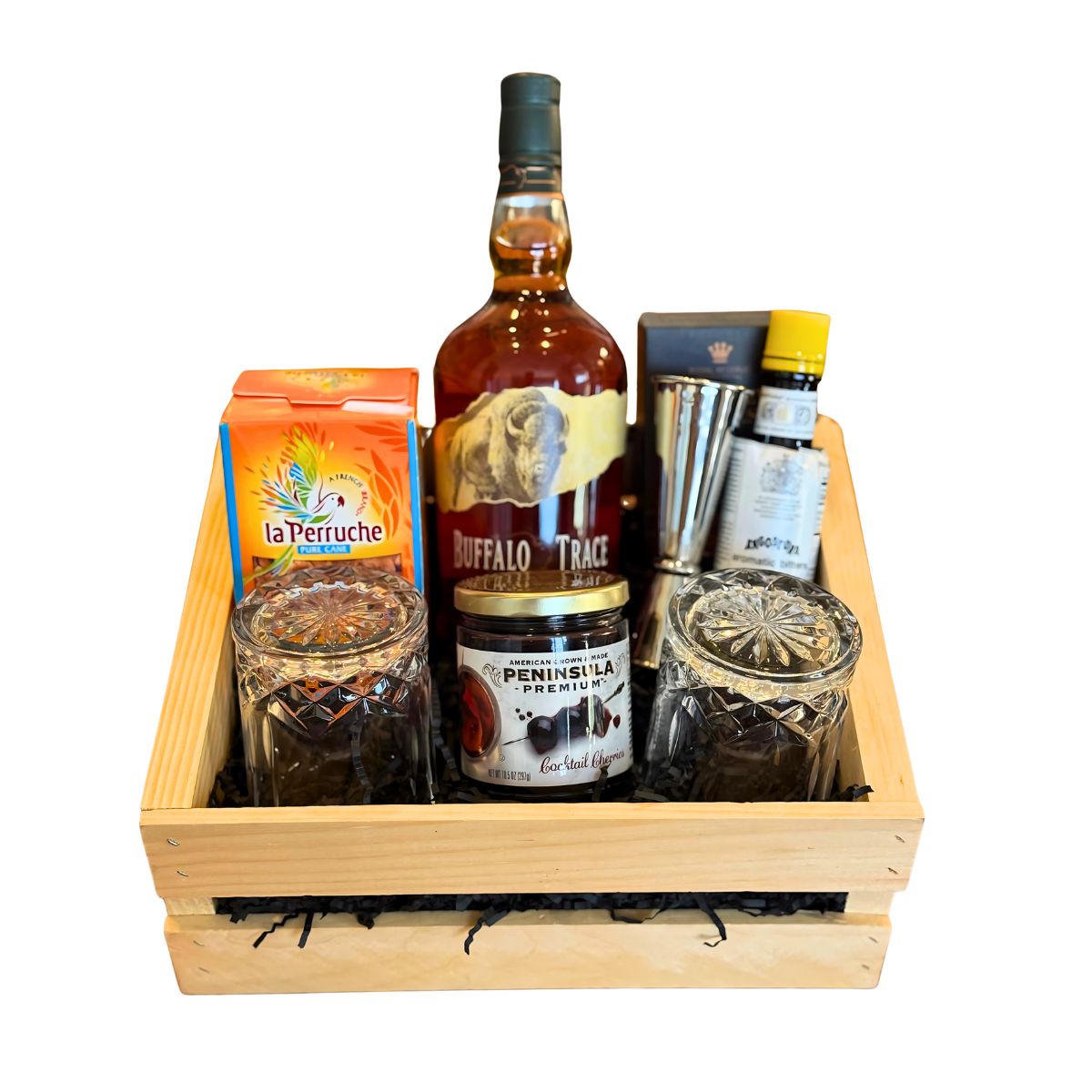 Buffalo Trace Old-Fashioned Wooden Gift Crate – Bourbon, Glasses, Bitters &amp; Bar Tools
