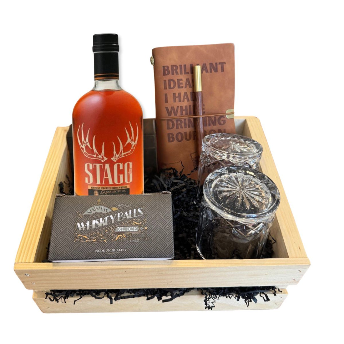 Buffalo Trace Stagg Gift Crate – Bourbon, Whiskey Balls, Old-Fashioned Glasses &amp; Leather Journal