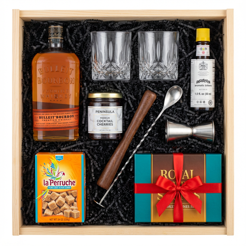Bulleit Bourbon Old-Fashioned cocktail gift crate with Bulleit Bourbon Frontier Whiskey with orange label, crystal-cut old fashioned glasses, Angostura bitters, premium muddler, bar spoon, jigger, Peninsula cocktail cherries, La Perruche sugar cubes, and Royal Reserve whiskey stones set all nestled in black zigzag crinkle paper inside wooden crate on white background
