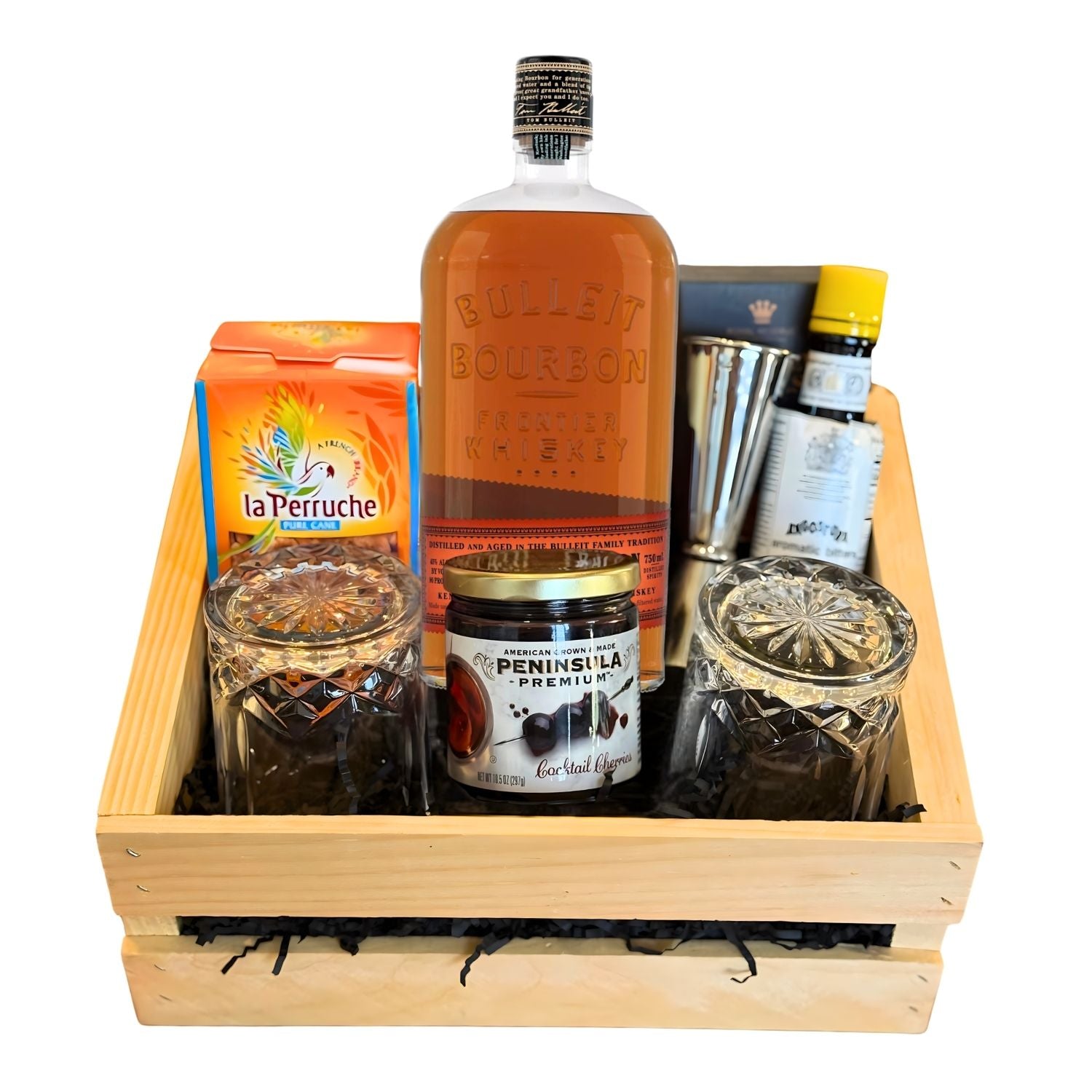 Bulleit Bourbon Old Fashioned Gift Crate with whiskey, bar tools, cocktail cherries, bitters, and glasses – premium limited edition from Rare Bourbon Shop