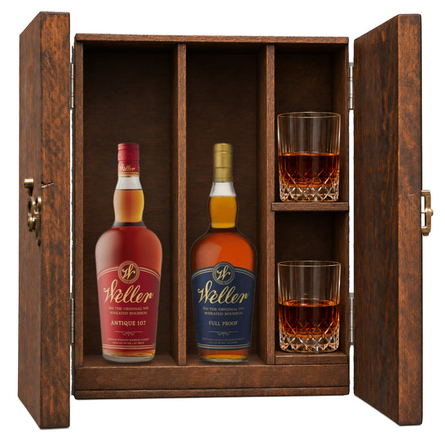 W.L. Weller Antique 107 & W.L. Weller Full Proof in a wooden gift box with two crystal glasses on white
