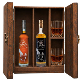 Eagle Rare 10 Year & Eagle Rare 12 Year in a wooden gift box with two crystal glasses on white