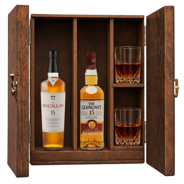 The Macallan 15 Year Double Cask & The Glenlivet 15 Year French Oak Reserve wooden gift box with 2 glasses