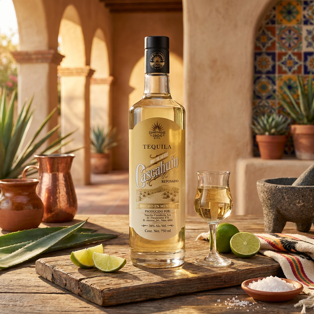 Cascahuín Reposado Tequila bottle with gold label and 100% agave emblem displayed in warm Mexican-inspired hacienda setting with traditional glassware, fresh lime wedges, and rustic wood surface with golden hour sunlight and authentic Mexican decor.