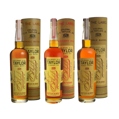 Colonel E.H. Taylor Bourbon Starter Pack – Small Batch, Single Barrel & Straight Rye, studio white background