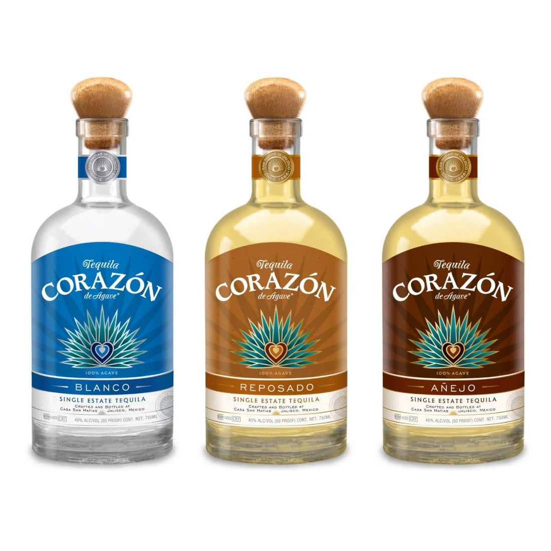 Corazón de Agave Tequila Bundle – Blanco, Reposado &amp; Añejo (3 Bottles, Single Estate 750ml)