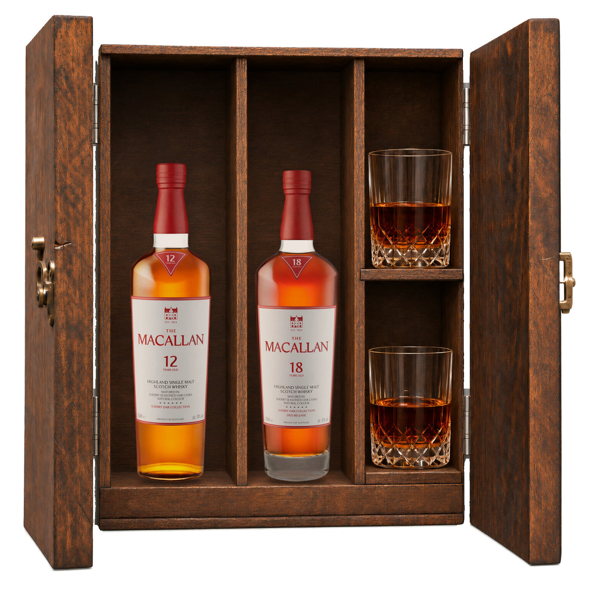 The Macallan 12 Year Sherry Oak & The Macallan 18 Year Sherry Oak wooden gift box with 2 glasses