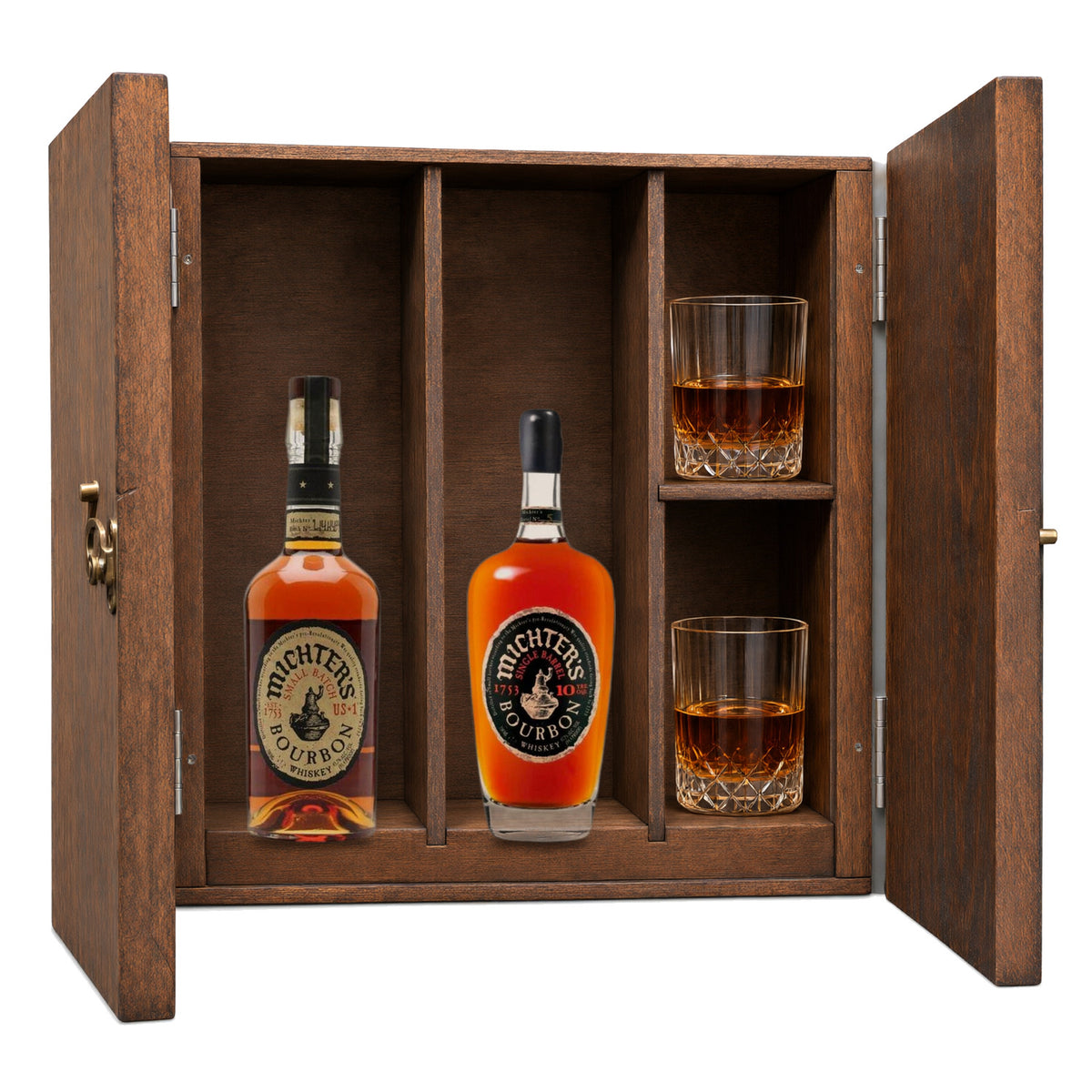 Michter's US*1 Small Batch Bourbon & Michter's 10 Year Single Barrel Bourbon wooden gift box with 2 glasses