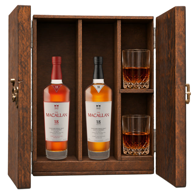 The Macallan 18 Year Sherry Oak & The Macallan 18 Year Double Cask wooden gift box with 2 glasses