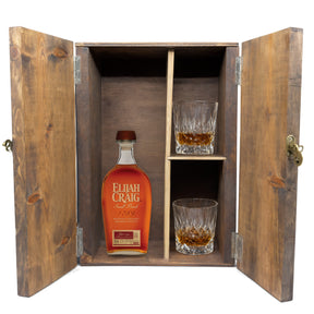 Elijah Craig Small Batch in a fitted wooden gift box with two crystal old-fashioned glasses, studio white