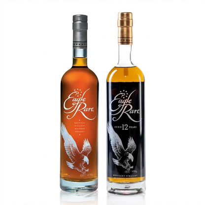 Eagle Rare Kentucky Straight Bourbon Whiskey bundle featuring 10 Year bottle with amber-tinted glass and silver cap alongside 12 Year bottle with black label and copper cap against a white background