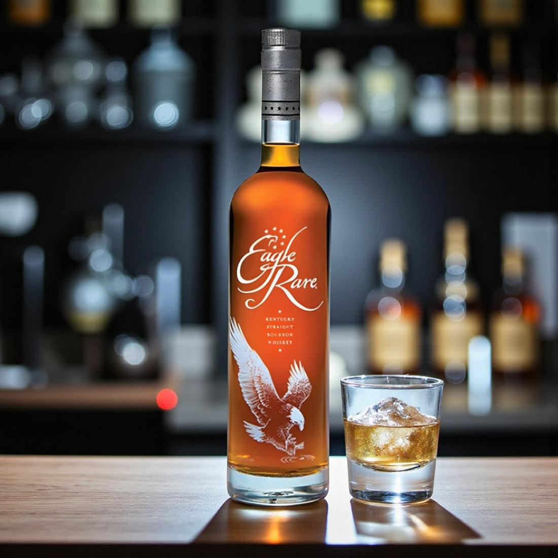Collector’s Eagle Rare 10 Year Bourbon bottle on wooden bar beside glass of bourbon on ice – Rare Bourbon Shop lifestyle photo