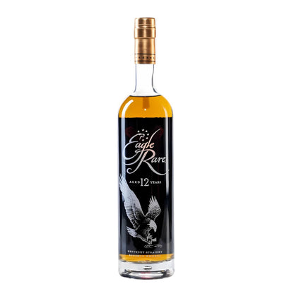 Eagle Rare 12 Year Old Kentucky Straight Bourbon Whiskey bottle with amber bourbon, copper cap, and black label featuring a soaring eagle illustration against a clean white background