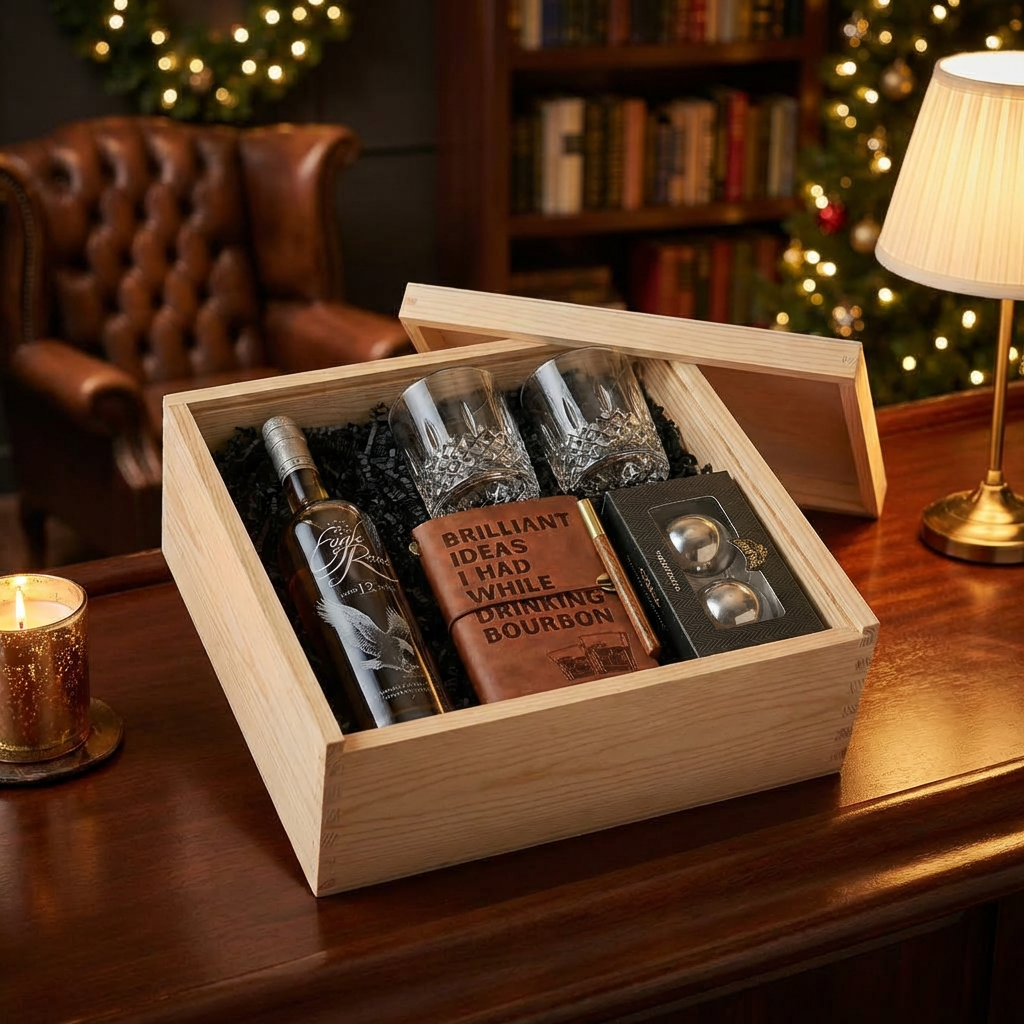 Eagle Rare 12 Year Old Kentucky Straight Bourbon Whiskey gift crate displayed in a sophisticated home bar setting with warm ambient lighting, featuring crystal glasses, leather bourbon journal, and whiskey balls